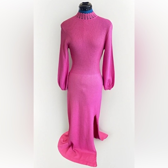 Vintage 70s Dolphin California Hand Knit Pink Maxi Gown Dress w/ Slit - Picture 1 of 14